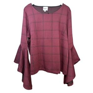 Leota Stella Drama Sleeve Top‎ Power Plaid 2L Bell Sleeve